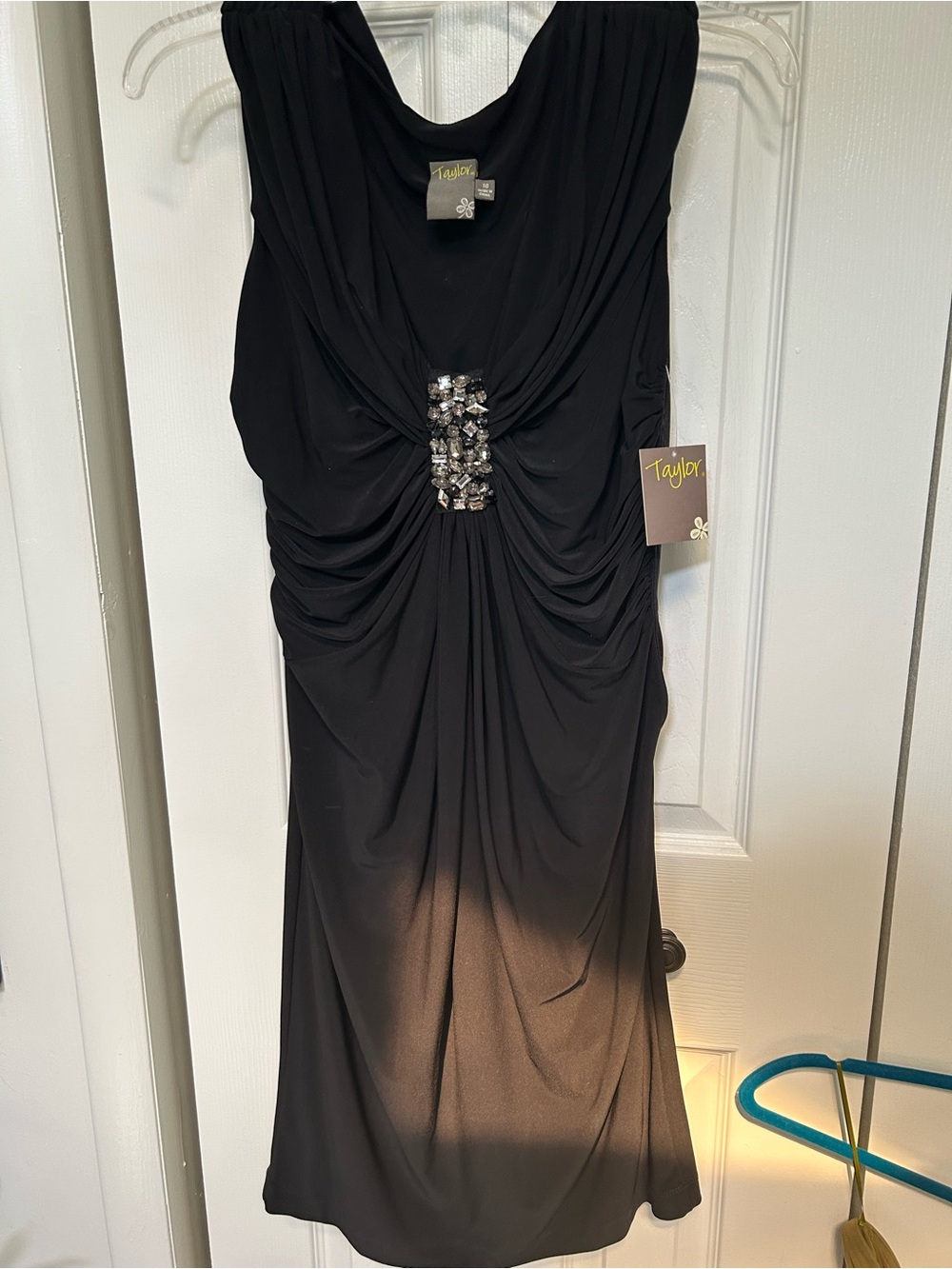 Taylor Black Midi Ruched Dress with Center Jewel Accent